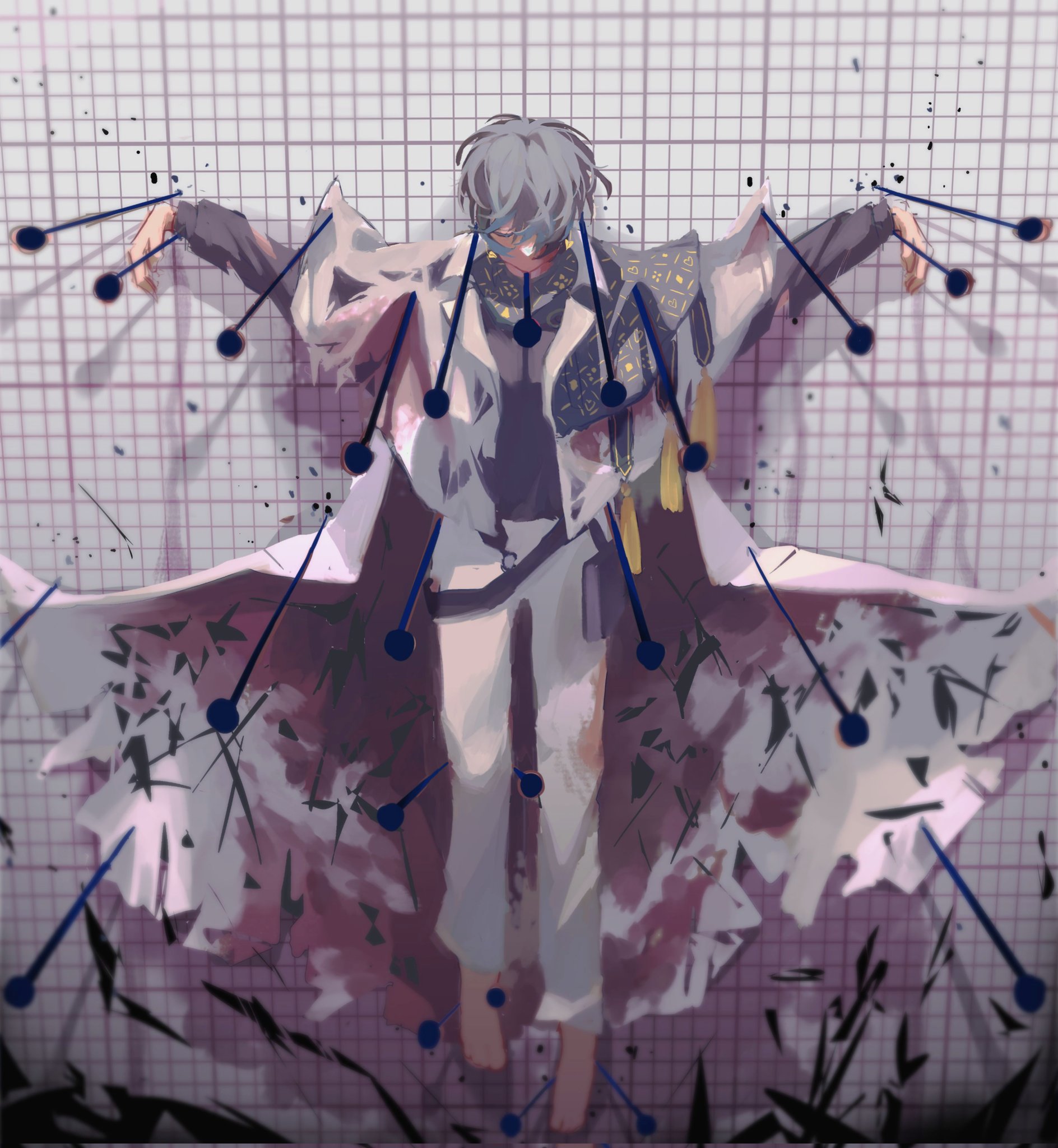 1boy barefoot black_shirt blue_capelet blue_hair blue_scarf capelet closed_eyes coat corrupted_twitter_file gradient_hair grey_hair highres ike_eveland ike_eveland_(1st_costume) insect_pin long_sleeves male_focus multicolored_hair nijisanji nijisanji_en no_gloves pants scarf shirt solo torn_clothes virtual_youtuber white_coat white_pants xu_anshang