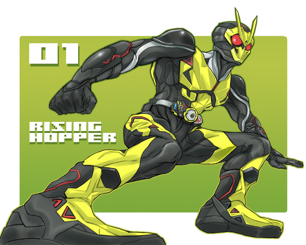 1boy antennae armor belt black_armor black_footwear black_gloves bodysuit boots bug commentary_request rider_belt gloves green_armor huujyu kamen_rider kamen_rider_01_(series) kamen_rider_zero-one landing male_focus rider_belt rising_hopper superhero_landing tokusatsu weapon zero_one_driver