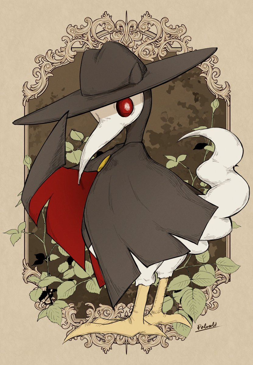 animal_focus bird border bright_pupils cape cawgnito closed_mouth commentary copyright_name english_commentary full_body highres looking_at_viewer motoiwork nettle no_humans pal_(creature) palworld plague_doctor_mask plant red_eyes solo standing white_pupils yellow_background yellow_border