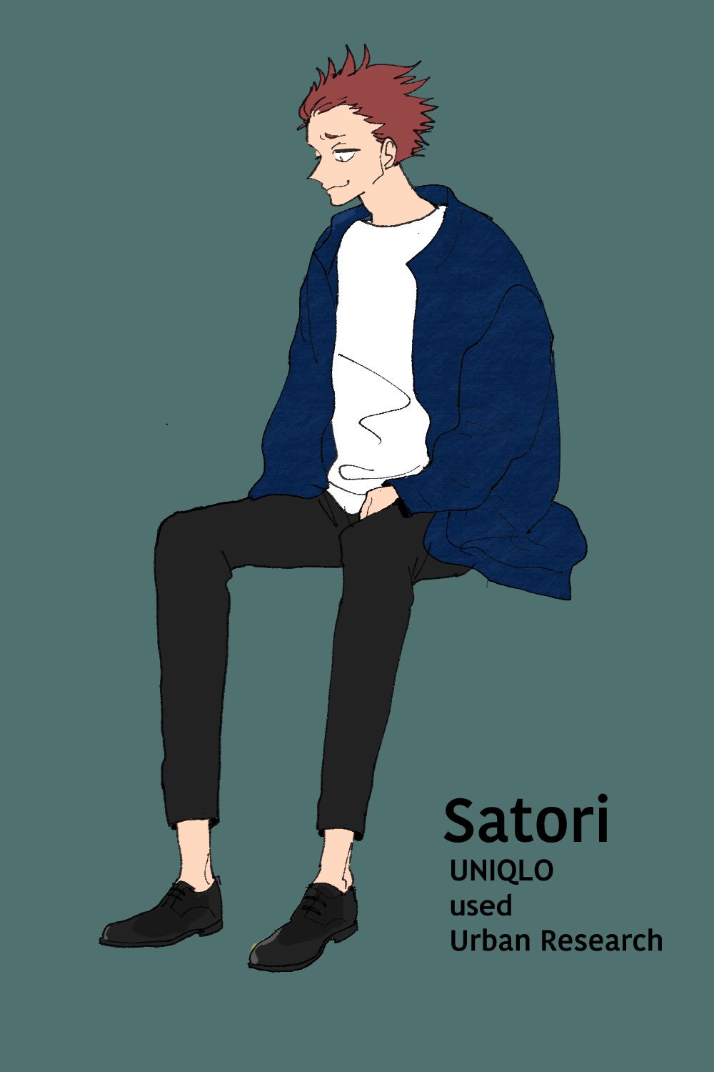 1boy black_pants black_shoes blue_jacket brown_hair character_name closed_mouth commentary_request haikyuu!! highres invisible_chair jacket male_focus nicole7310 pants shirt shoes short_hair simple_background sitting smile solo tendou_satori white_shirt
