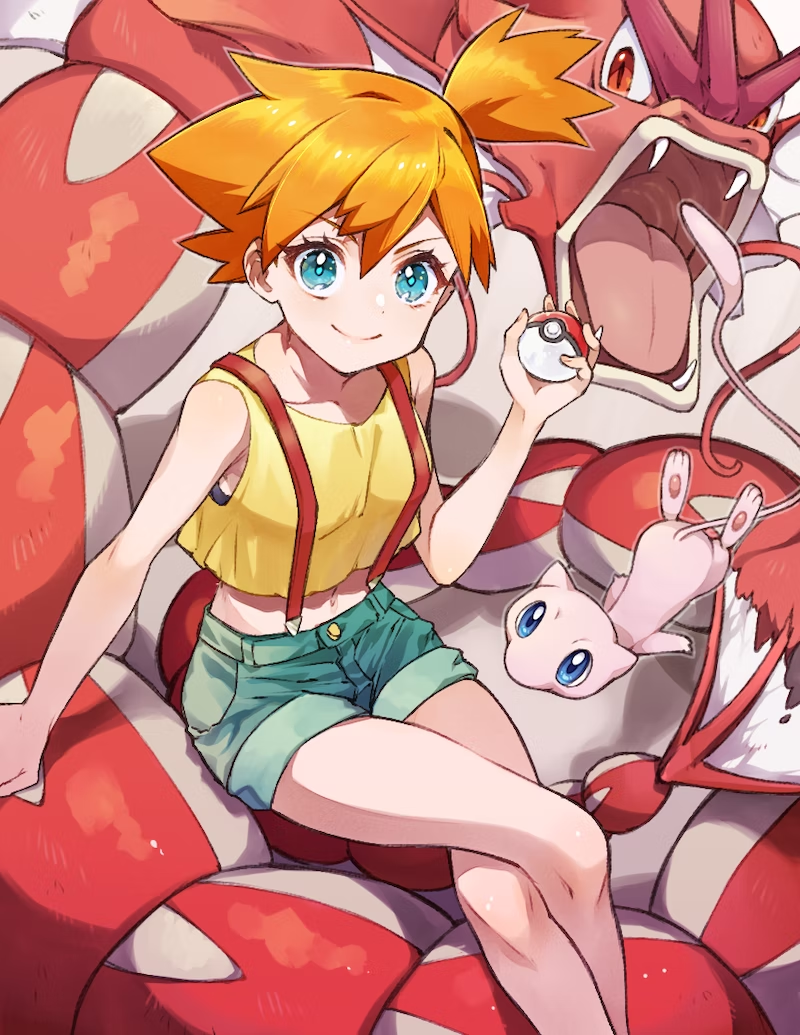 1girl alternate_color alternative_color armpits asymmetrical_hair breasts curvy denim denim_shorts eneco gen_1_pokemon green_eyes green_shorts gyarados gym_leader hair_tie holding holding_poke_ball legendary_pokemon legs medium_breasts mew_(pokemon) misty_(pokemon) mythical_pokemon nintendo poke_ball pokemon pokemon_(anime) pokemon_sm_(anime) ponytail sasairebun shiny_pokemon shirt short_hair short_shorts shorts side_ponytail solo suspender_shorts suspenders tank_top yellow_shirt