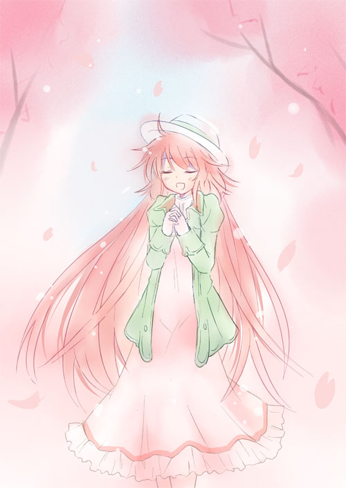 00s 1girl altorealize cherry_blossoms dress closed_eyes female_focus hanato_kobato own_hands_clasped hat kobato. long_hair nature outdoors own_hands_together pink_hair plant sky solo very_long_hair