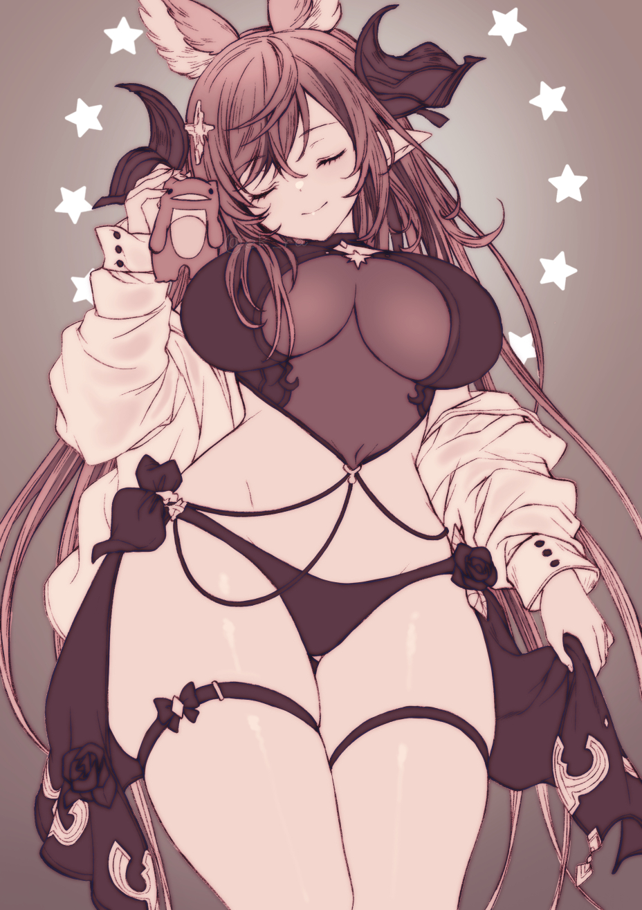 1girl animal_ears breasts brown_hair closed_eyes covered_navel ekra extra_ears galleon_(granblue_fantasy) galleon_(summer)_(granblue_fantasy) granblue_fantasy hair_ornament highres horns jacket large_breasts monochrome pointy_ears solo swimsuit thigh_strap thighs white_jacket