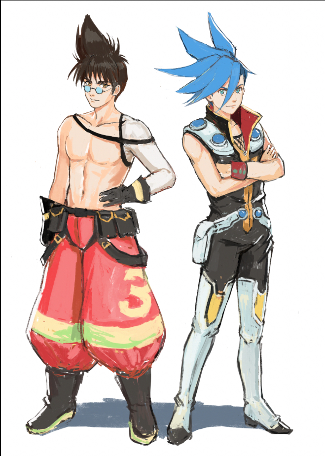 2boys asymmetrical_hair black_gloves bodysuit cosplay costume_switch crossed_arms crossover galo_thymos galo_thymos_(cosplay) glasses gloves green_eyes hair_behind_ear hair_between_eyes hand_on_own_hip macross macross_7 male_focus multiple_boys nekki_basara nekki_basara_(cosplay) nekkikamille pants promare red_pants round_eyewear sidecut topless_male undercut yellow_eyes