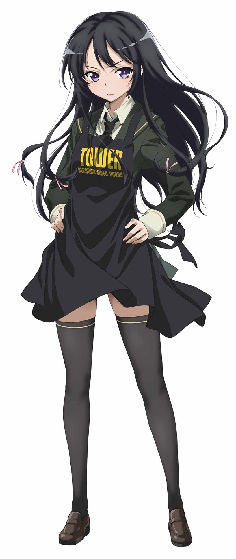 1girl apron black_apron black_hair black_necktie black_thighhighs boku_wa_tomodachi_ga_sukunai cardigan closed_mouth full_body green_cardigan hair_between_eyes hair_ribbon hands_on_own_hips highres loafers long_hair long_sleeves mikazuki_yozora necktie official_art pink_ribbon purple_eyes ribbon school_uniform shirt shoes simple_background solo st._chronica_academy_school_uniform standing thighhighs watanabe_yoshihiro white_background white_shirt zettai_ryouiki