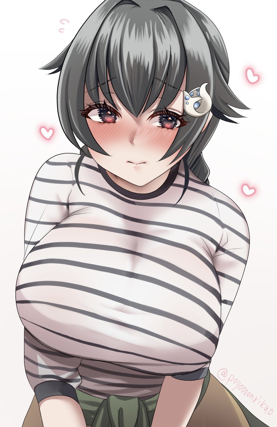 1girl black_hair blush braid breasts chougei_(kancolle) chougei_(kancolle)_(cosplay) chougei_(spring)_(kancolle) clothes_around_waist cosplay hair_flaps hair_ornament highres jacket jacket_around_waist jingei_(kancolle) kantai_collection large_breasts long_hair low_ponytail nose_blush ponytail poyo_teitoku red_eyes shirt simple_background single_braid solo striped_clothes striped_shirt upper_body whale_hair_ornament white_background