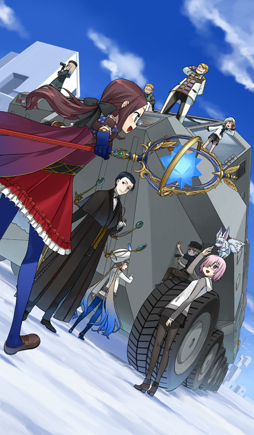 1other 3girls 5boys androgynous armored_vehicle belt black_bow black_coat black_hat black_pants black_pantyhose black_shirt black_shoes black_shorts black_skirt blonde_facial_hair blonde_hair blue_gloves blue_hair blue_pants blue_pantyhose blue_sailor_collar blue_shoes blue_sky boots bow brown_belt brown_boots brown_hair brown_pants brown_shoes cape captain_nemo_(fate) chaldea_uniform closed_mouth cloud coat commentary creature_on_head cross-laced_coat day dress dutch_angle elbow_gloves engineer_nemo_(fate) facial_hair fate/grand_order fate_(series) floating fou_(fate) frilled_dress frills glasses gloves goredolf_musik gradient_hair green_dress hair_over_one_eye hair_slicked_back hammer hat hat_feather high_heels hirai_yukio holding holding_hammer holding_scepter holding_smoking_pipe jacket jingle_abel_meuniere leonardo_da_vinci_(rider)_(first_ascension)_(fate) long_coat long_hair long_sleeves looking_at_another low_ponytail low_twintails marine_nemo_(fate) mash_kyrielight miniskirt motor_vehicle multicolored_hair multiple_boys multiple_girls mustache nemo_(fate) novum_chaldea official_art open_mouth outdoors pants pantyhose pink_hair pointing ponytail professor_nemo_(fate) puff_and_slash_sleeves puffy_short_sleeves puffy_sleeves purple_eyes red_cape red_skirt sailor_collar scepter shadow_border sherlock_holmes_(fate) shirt shoes short_hair short_sleeves shorts sidelocks sitting skirt sky small_stellated_dodecahedron smile smoking_pipe standing sunlight third-party_source turban twintails very_long_hair walking white_gloves white_hat white_jacket white_shirt