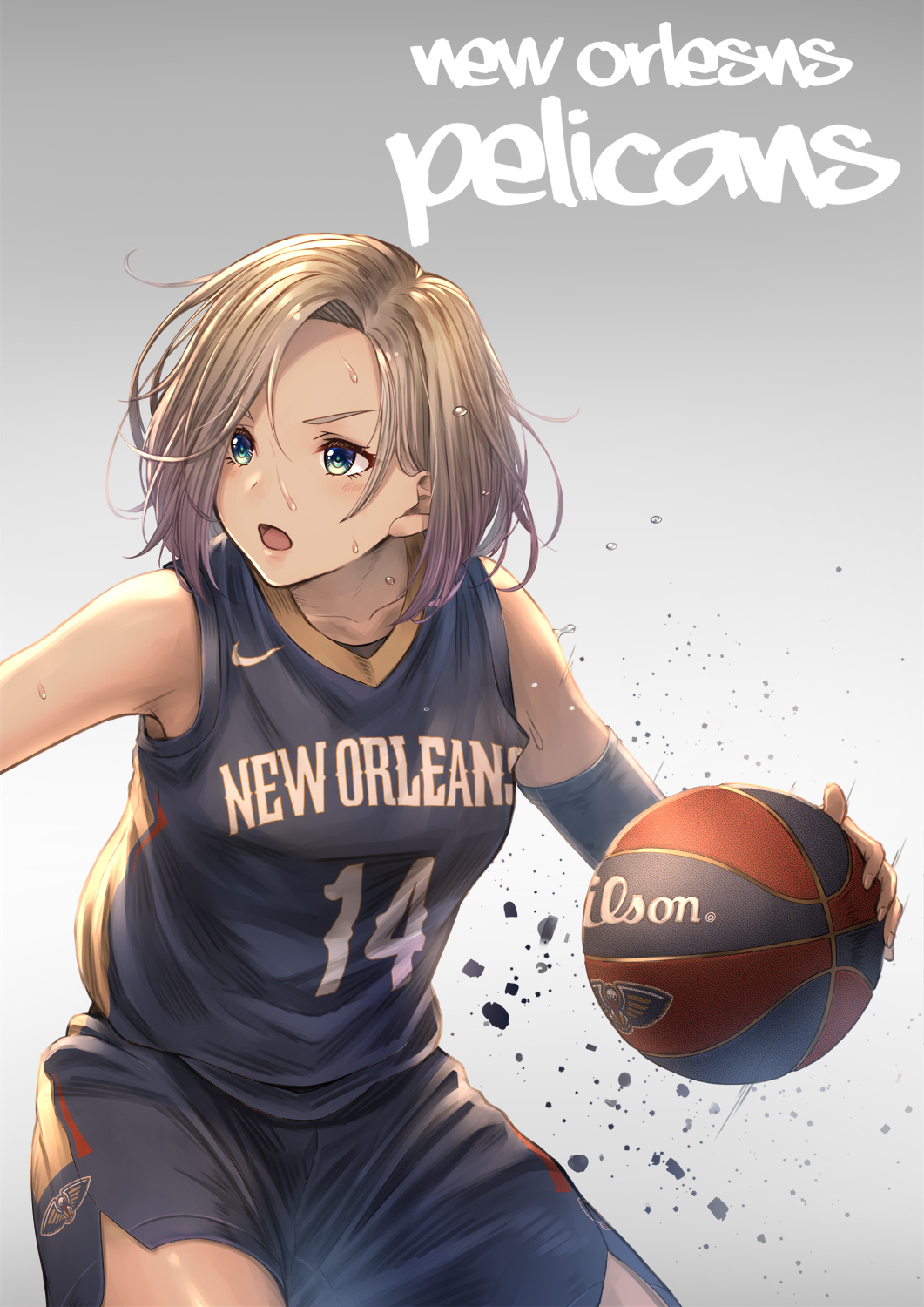 1girl alternate_costume arm_warmers azur_lane ball bare_shoulders basketball basketball_(object) basketball_uniform blue_eyes blue_shirt blue_shorts breasts check_commentary clothes_writing collarbone commentary_request cowboy_shot english_text eyebrows_hidden_by_hair forehead grey_background highres holding holding_ball looking_to_the_side medium_breasts name_connection national_basketball_association new_orleans_(azur_lane) nike_(company) open_mouth shirt short_hair shorts sidelocks silver_hair simple_background solo sportswear standing sweat wilson_sporting_goods yakkuro