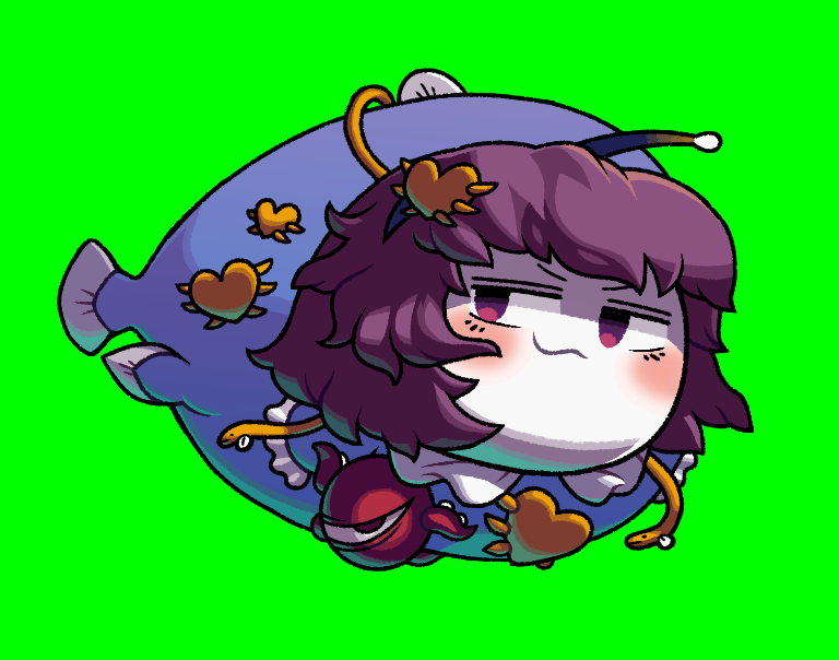 1girl :3 blush closed_mouth commentary_request fish full_body green_background hair_ornament heart heart_hair_ornament human_head komeiji_satori looking_at_viewer purple_eyes purple_hair short_hair simple_background smile smug solo third_eye tonchamon_san touhou v-shaped_eyebrows