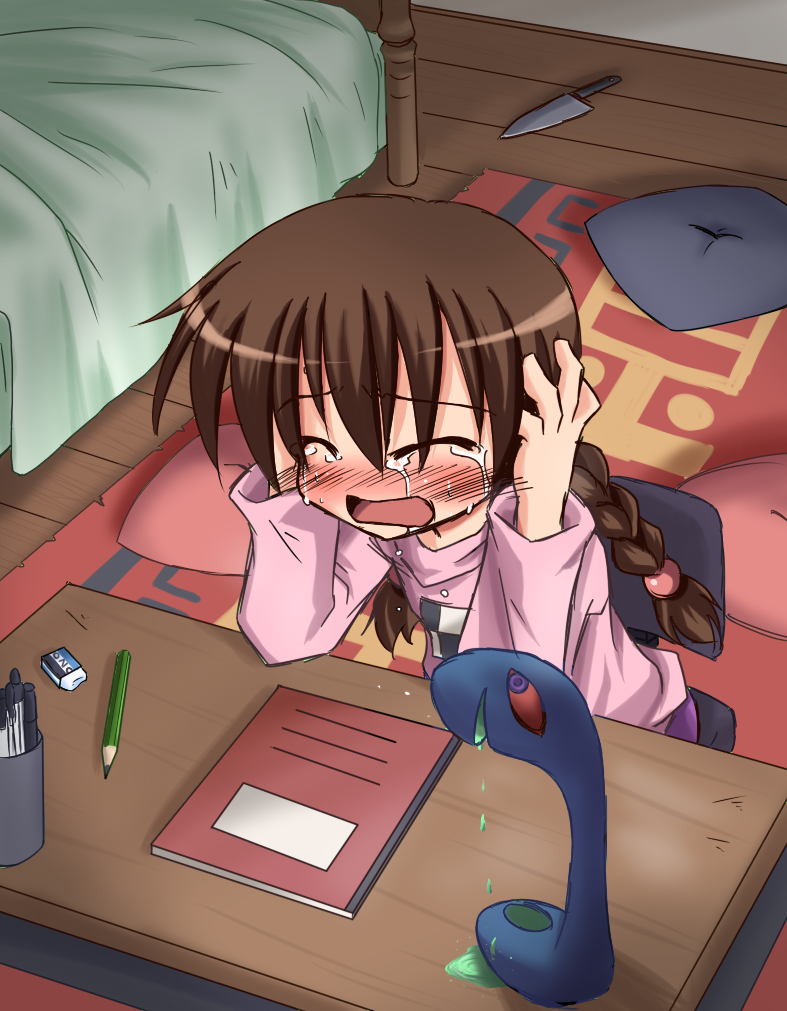 1girl bad_id bad_pixiv_id bed blouse braid desk diary dripping eraser female_focus indoors kasei-san knife kokutou_nikke madotsuki pen pencil pillow pink_shirt raised_eyebrows rug shirt solo tears twin_braids yume_nikki
