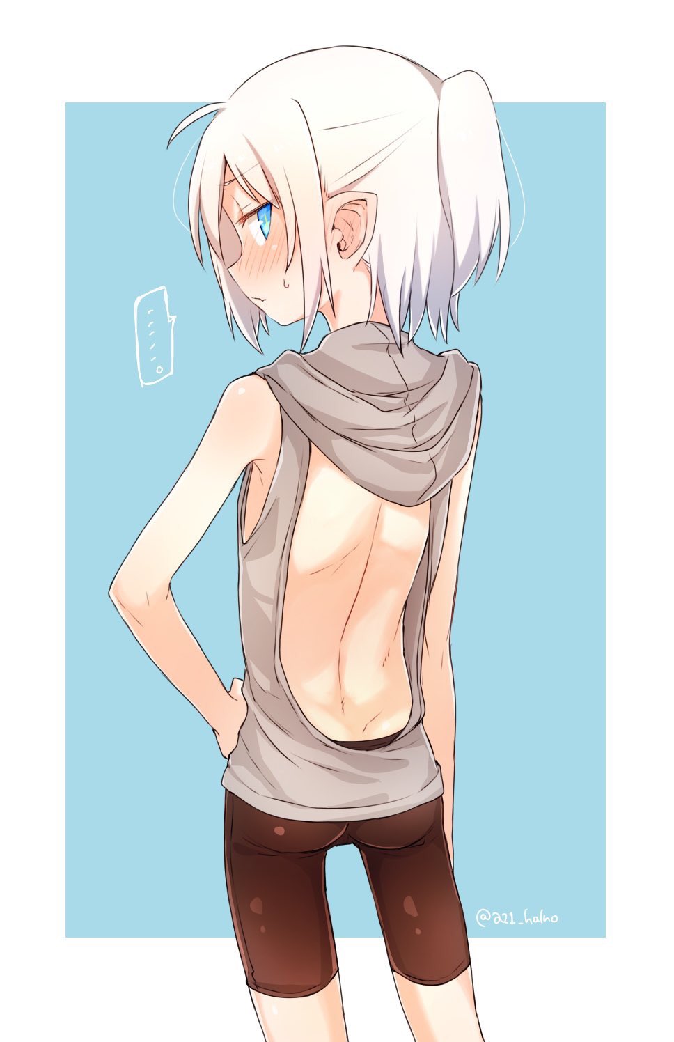 ... 1girl ass azuma_shino back backless bare_back bike_shorts blue_eyes blush female_focus from_behind highres hood hoodie looking_back nowareno_(azuma_shino) original pointy_ears ponytail sleeveless sleeveless_hoodie solo spoken_ellipsis twitter_username white_hair