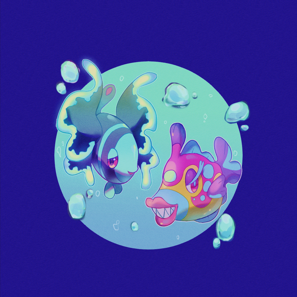 air_bubble animal_focus blue_border border bruxish bubble commentary_request fish gen_4_pokemon gen_7_pokemon green_background hinato_(weeeeee_i) lumineon nintendo no_humans open_mouth pink_eyes pokemon pokemon_(creature) sharp_teeth smile teeth