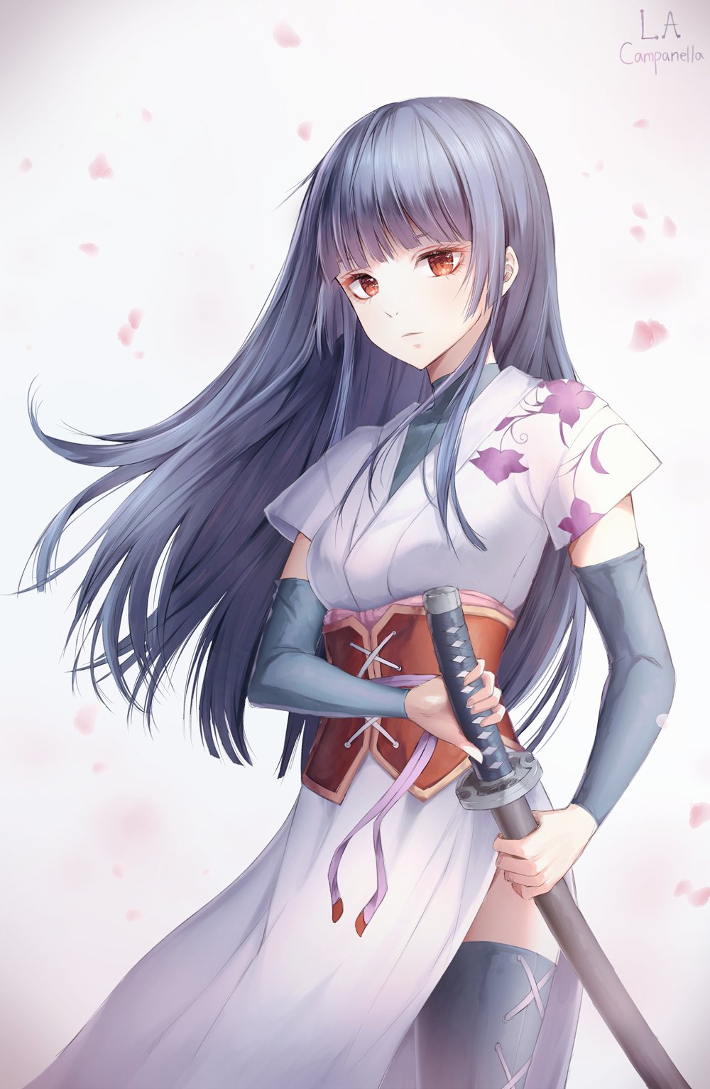 1girl artist_name black_hair black_thighhighs blunt_bangs closed_mouth commentary_request corset cowboy_shot detached_sleeves expressionless female_focus floral_print gintama highres hime_cut holding holding_sword holding_weapon imai_nobume japanese_clothes katana la_campanella long_hair looking_at_viewer petals red_eyes sheath side_slit simple_background solo standing sword thighhighs turtleneck weapon white_background