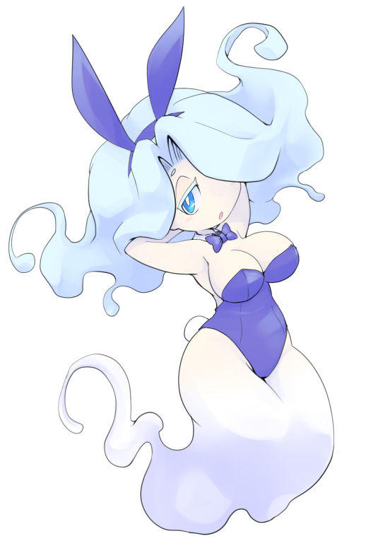 1girl animal_ears armpits arms_up bare_shoulders blue_eyes blue_hair blue_leotard bow bowtie breasts detached_collar en&#039;enra enraenra_(youkai_watch) fake_animal_ears fake_tail floating hair_over_one_eye hairband large_breasts leotard long_hair looking_at_viewer monster_girl nollety open_mouth playboy_bunny rabbit_ears rabbit_tail simple_background solo strapless strapless_leotard tail traditional_youkai white_background youkai_(youkai_watch) youkai_watch