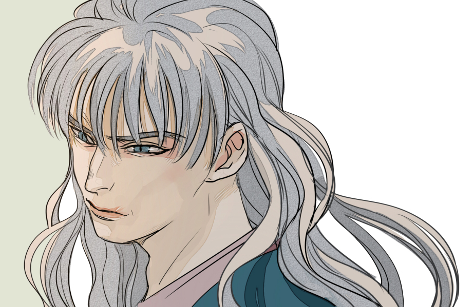 1boy blue_eyes curly_hair hunter_x_hunter kilva_lollop long_hair looking_to_the_side male_focus silva_zoldyck simple_background slit_pupils solo white_hair
