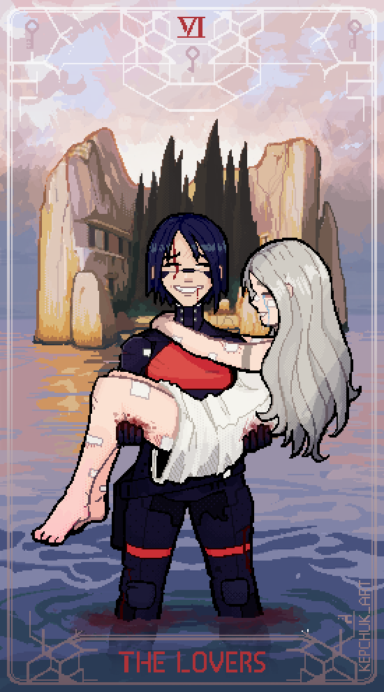 2girls android ariane_yeong bandaid bandaid_on_cheek bandaid_on_face bandaid_on_leg bandaid_on_nose belt belt_pouch black_hair blood_from_forehead blood blood_in_water blood_on_clothes blood_on_face blood_on_hands camisole card_(medium) carrying closed_eyes crying elster_(signalis) island isle_of_the_dead_(painting) kepchuk long_hair multiple_girls ocean pixel_art pouch princess_carry short_hair signalis smile streaming_tears tarot tarot_(medium) tears the_lovers_(tarot) tree wading white_camisole white_hair yuri