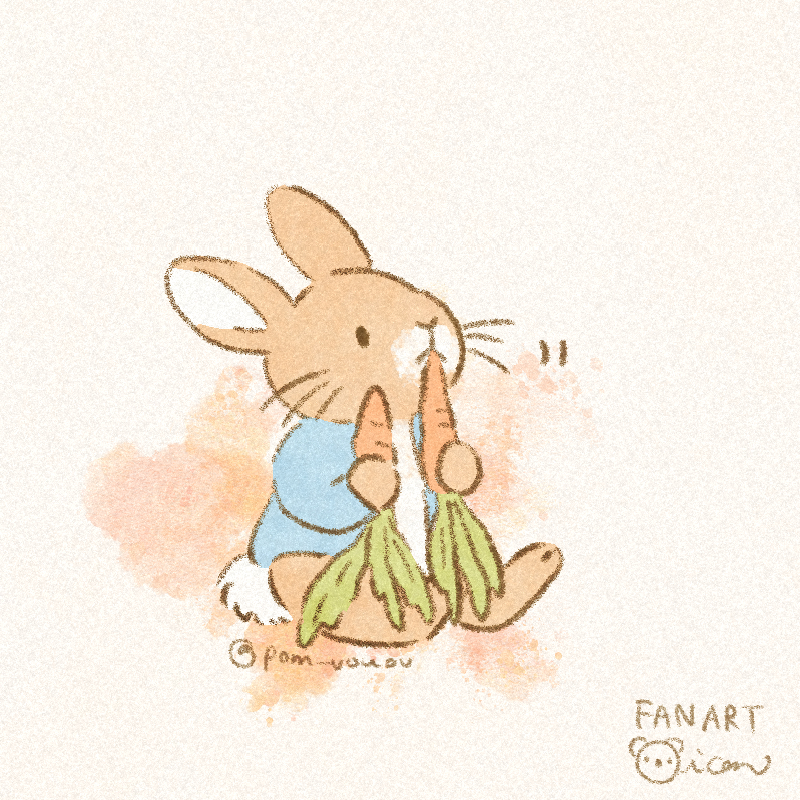 animal animal_focus blue_jacket brown_fur carrot eating food holding holding_carrot holding_food holding_vegetable jacket light_brown_background mian_(user_kwcj2833) no_humans peter_rabbit peter_rabbit_(character) rabbit sitting solid_oval_eyes solo twitter_username vegetable whiskers
