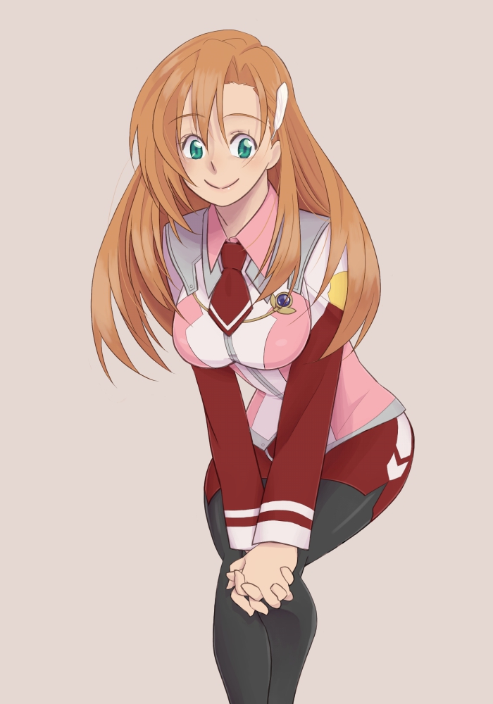 1girl banpresto breasts cliana_rimskaya feather_hair_ornament green_eyes hair_ornament large_breasts long_hair neckerchief orange_hair pantyhose pencil_skirt skirt smile solo super_robot_wars super_robot_wars_destiny super_robot_wars_original_generation thighband_pantyhose