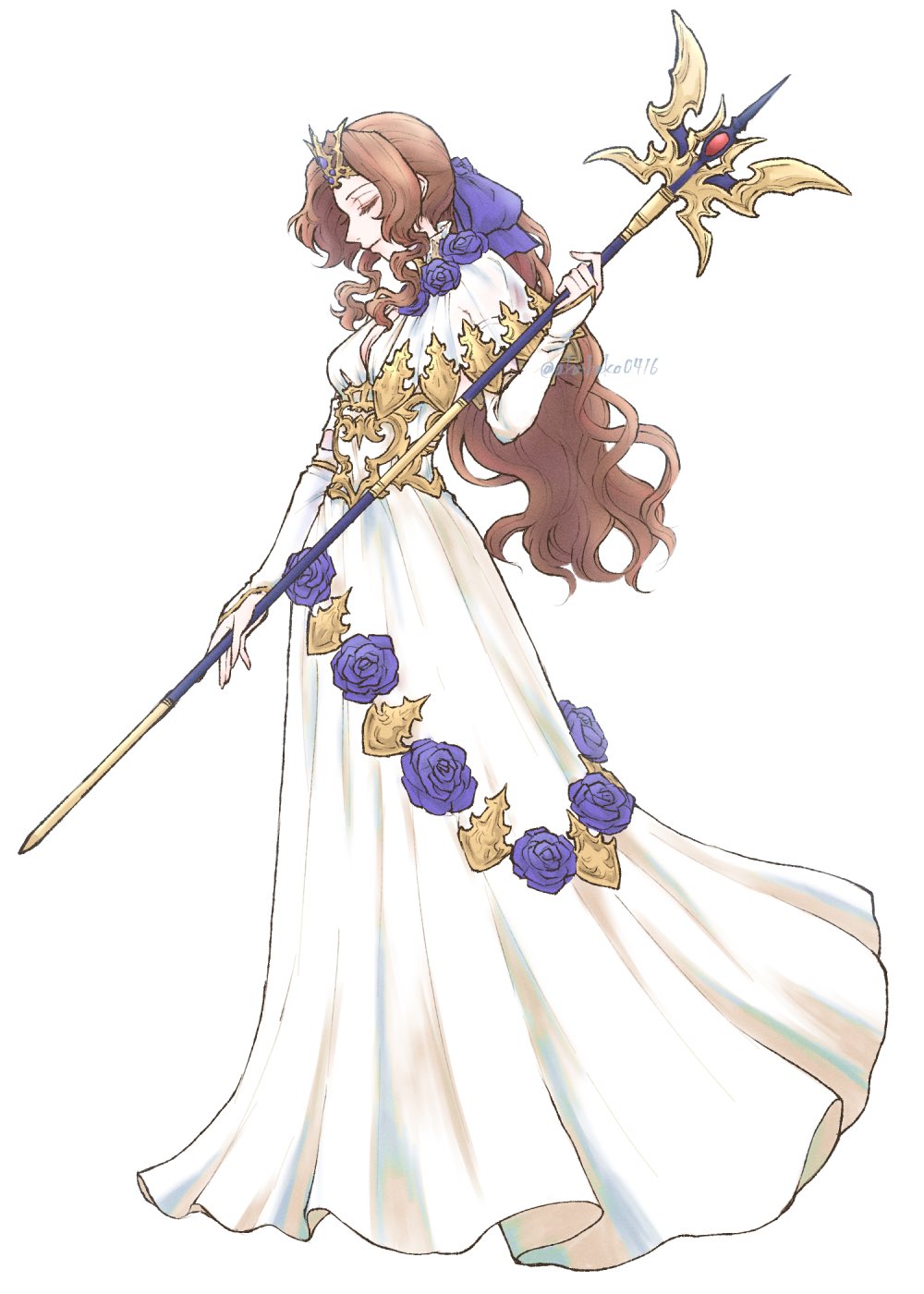 1girl aerith_gainsborough aerith_gainsborough_(prism_dress) blue_flower blue_ribbon blue_rose breasts brown_hair cleavage closed_eyes detached_sleeves dress dress_flower final_fantasy final_fantasy_vii final_fantasy_vii_ever_crisis flower full_body gold_trim hair_flower hair_ornament hair_ribbon highres holding holding_staff long_dress long_hair low_ponytail medium_breasts official_alternate_costume parted_bangs ponytail ribbon rose sidelocks solo staff tiara twintails wavy_hair white_background white_dress white_sleeves you_(blacknwhite)