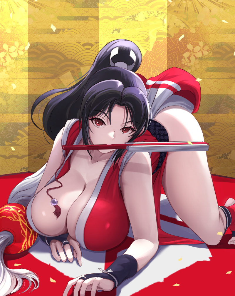 1girl ass black_hair breasts cleavage crossover ema_(emaura) fatal_fury bad_tag bad_tag huge_breasts large_breasts looking_at_viewer shiranui_mai snk street_fighter street_fighter_6 the_king_of_fighters