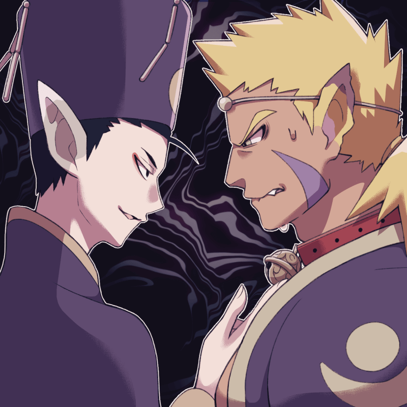 2boys ahoge animal_ears black_hair blonde_hair breath_of_fire breath_of_fire_iv collar cray_(breath_of_fire) eyeshadow facial_mark hat makeup male_focus minashirazu multiple_boys pointy_ears short_hair smile yuna_(breath_of_fire)