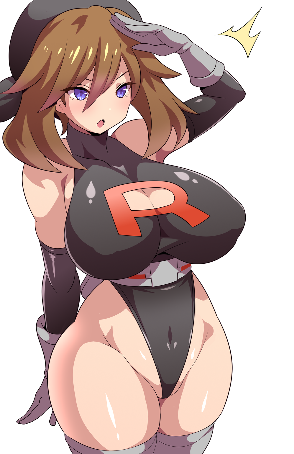 1girl bandana bare_shoulders belt black_bandana black_leotard blush breasts brown_hair cleavage cleavage_cutout clothing_cutout cosplay covered_navel curvy elbow_gloves female_focus gloves grey_gloves grey_thighhighs highleg highleg_leotard highres konno_tohiro large_breasts leotard long_hair may_(pokemon) nintendo open_mouth partially_visible_vulva pokemon pokemon_rse purple_eyes redesign salute shiny_skin simple_background solo standing team_rocket team_rocket_grunt team_rocket_grunt_(cosplay) thighhighs thighs thong_leotard underbust white_background