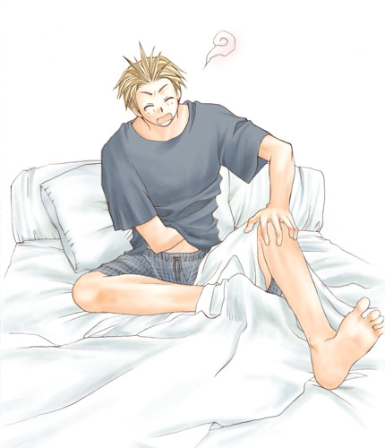 1boy alternate_costume barefoot black_shirt blue_shorts closed_eyes final_fantasy final_fantasy_viii full_body hand_on_own_knee indoors lowres male_focus morning no_tattoo open_mouth pajamas pillow rendezvous shirt short_hair shorts sitting solo spiked_hair t-shirt third-party_source under_covers waking_up white_background yawning zell_dincht
