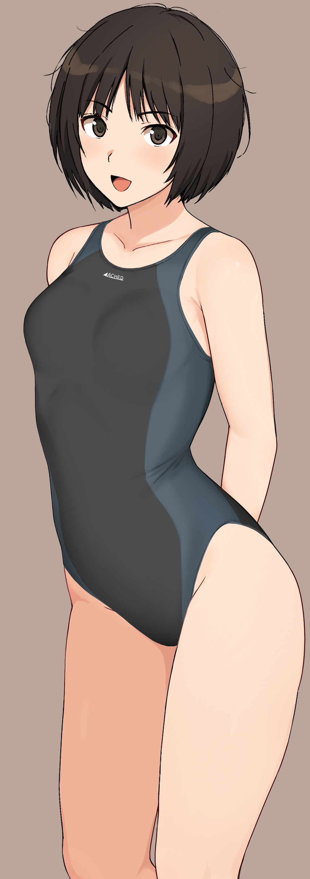 1girl absurdres amagami arms_behind_back black_eyes black_hair black_one-piece_swimsuit breasts brown_background collarbone commentary_request competition_swimsuit female_focus highres looking_at_viewer medium_breasts mobu one-piece_swimsuit open_mouth short_hair simple_background solo standing swimsuit tachibana_miya thighs