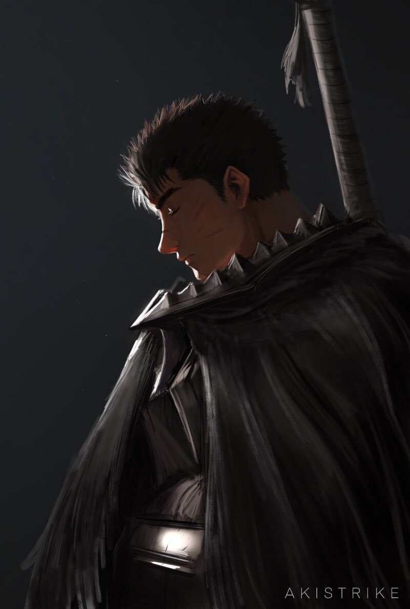 1boy aki_(akistrike) armor artist_name berserk berserker_armor black_background black_hair cape closed_eyes closed_mouth dragonslayer_(sword) from_side guts_(berserk) light_particles male_focus scar scar_on_face short_hair solo sword sword_on_back weapon weapon_on_back white_hair