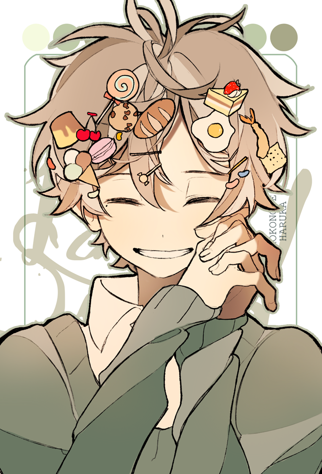 1boy alternate_hair_color ama_(i-ekk) border bread_hair_ornament cake_hair_ornament cardigan character_name cherry_hair_ornament closed_eyes collared_shirt cookie_hair_ornament egg_hair_ornament facing_viewer food-themed_hair_ornament grey_border grey_cardigan grey_outline hair_between_eyes hair_ornament hairclip heart heart_hair_ornament ice_cream_hair_ornament inset_border interlocked_fingers kagerou_project kokonose_haruka light_brown_hair lollipop_hair_ornament macaron_hair_ornament male_focus mole mole_under_eye open_mouth outline own_hands_together rounded_corners shirt short_hair shrimp_hair_ornament smile solo too_many upper_body white_background white_shirt