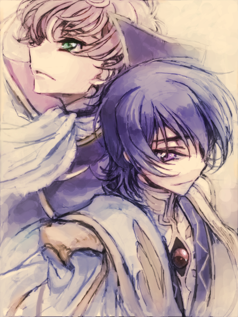 2boys black_hair brown_hair c_(rahit) code_geass green_eyes kururugi_suzaku lelouch_vi_britannia male_focus multiple_boys purple_eyes rahit short_hair zero_(code_geass)