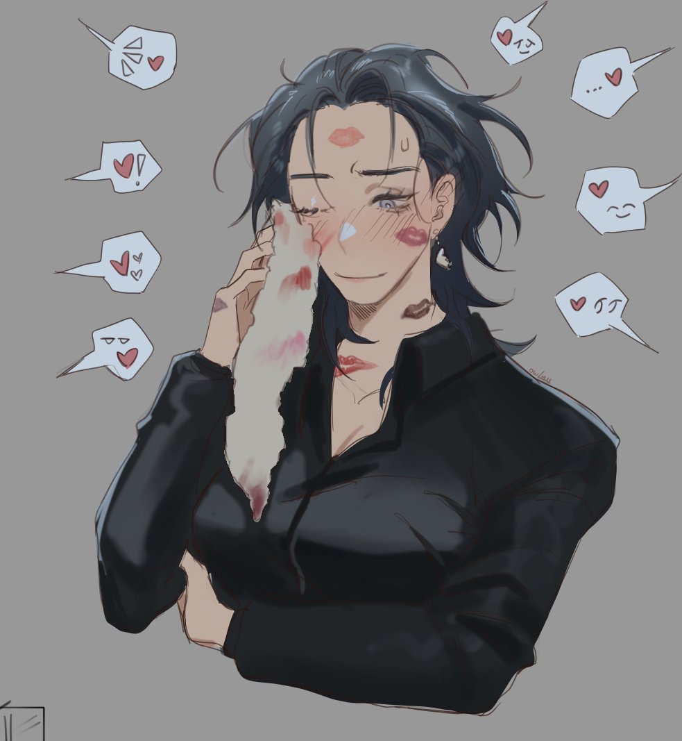 1girl black_hair black_shirt blush breasts chief_(path_to_nowhere) cleavage collared_shirt commentary cropped_torso earrings english_commentary female_chief_(path_to_nowhere) grey_background grey_eyes heart implied_yuri jewelry lipstick_mark lipstick_mark_on_face lipstick_mark_on_forehead lipstick_mark_on_neck long_hair long_sleeves one_eye_closed owlmii22182 path_to_nowhere shirt simple_background solo spoken_heart sweatdrop upper_body wiping_face