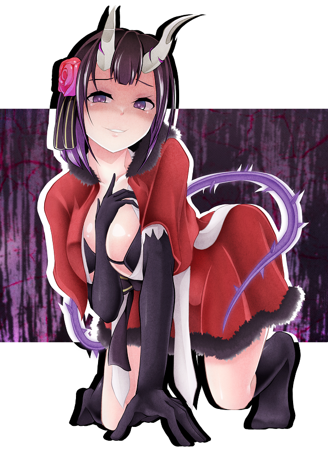 1girl black_bra black_gloves black_socks bra breasts broken_horns capelet crazy_eyes crazy_smile demon_girl demon_horns dress eriko_(princess_connect!) flower fur-trimmed_capelet fur-trimmed_dress fur_trim gloves hair_flower hair_ornament horns ion_(tohonokaze) kneeling large_breasts looking_at_viewer princess_connect! purple_eyes purple_hair red_capelet red_dress short_hair smile socks solo underwear