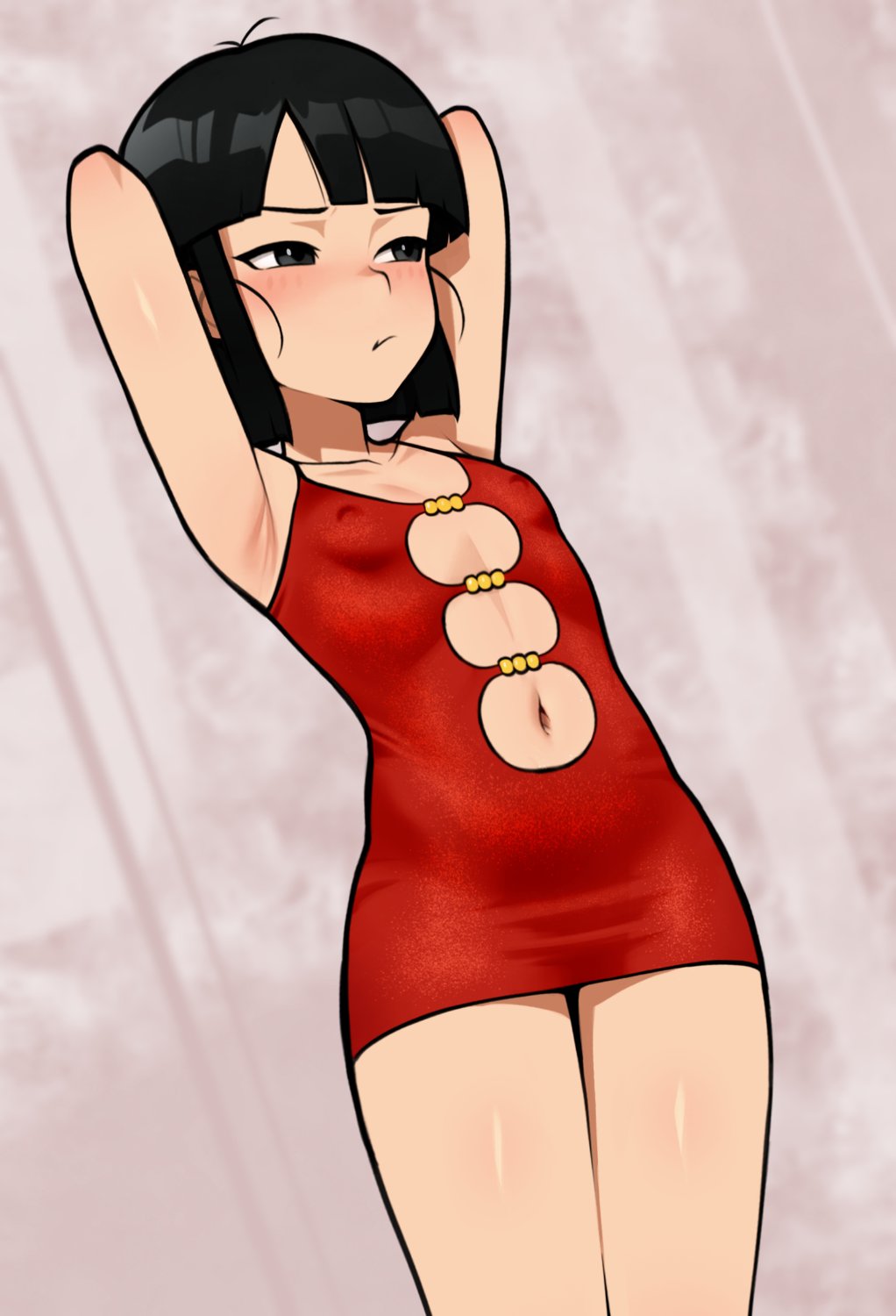 1girl 2024 aged_up alternate_costume armpits arms_behind_head arms_up asian black_eyes black_hair breasts closed_mouth clothing_cutout covered_erect_nipples cowboy_shot dragon_ball dragon_ball_gt dress female_focus highres legs_together loli loodncrood looking_to_the_side navel navel_cutout pan_(dragon_ball) pout red_dress short_black_hair short_dress short_hair sidelocks simple_background sleeveless sleeveless_dress small_breasts solo standing thick_thighs thighs