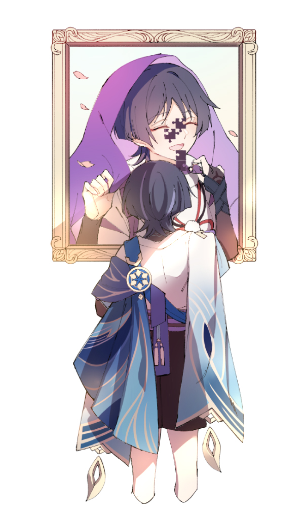 2boys armor black_bridal_gauntlets black_shirt black_shorts blue_cape blue_hair blue_sleeves blunt_ends bridal_gauntlets cape dark_blue_hair falling_petals from_back genshin_impact gradient_sleeves japanese_armor japanese_clothes jigsaw_puzzle kimono kote kurokote long_sleeves male_focus multiple_boys parted_bangs petals picture_frame purple_hair purple_headwear purple_sash purple_shirt puzzle sash scaramouche_(genshin_impact) shirt short_hair short_sleeves shorts tirlleneill veil wanderer_(genshin_impact) white_background white_kimono white_shirt