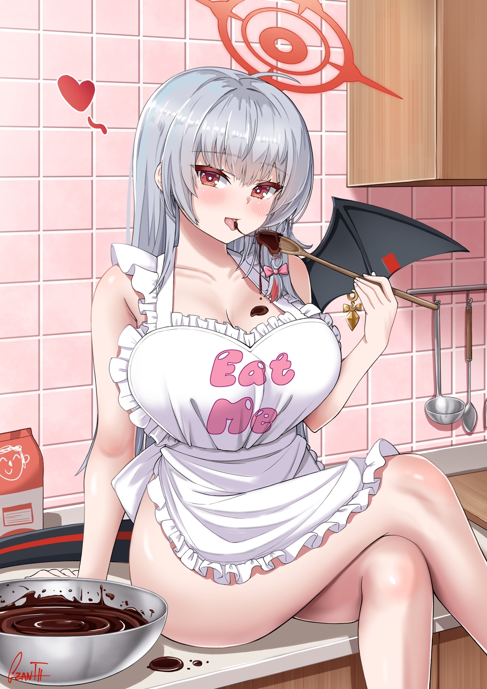 1girl apron arm_support black_wings blue_archive blush breasts chocolate cleavage clothes_writing collarbone crossed_legs demon_girl demon_wings frilled_apron frills gzanth halo haruna_(blue_archive) highres holding holding_spoon indoors ladle large_breasts long_hair looking_at_viewer mixing_bowl naked_apron red_eyes red_halo single_wing sitting smile solo spoon thighs tile_wall tiles tongue tongue_out white_apron white_hair wings wooden_spoon