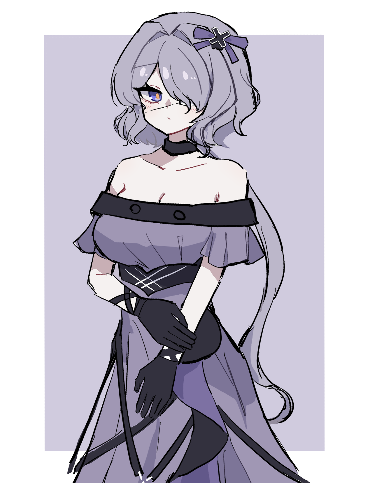 arknights black_choker black_gloves border breasts choker cleavage closed_mouth commentary cowboy_shot dress eyepatch gloves grey_background grey_dress grey_hair hair_over_one_eye hand_on_own_arm highres hmrsh large_breasts long_hair looking_at_viewer medical_eyepatch off-shoulder_dress off_shoulder one_eye_covered orange_pupils outside_border ponytail purple_eyes simple_background standing whisperain_(arknights) white_border