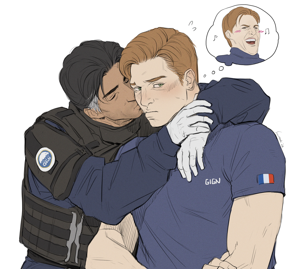 2boys arms_around_neck black_hair blonde_hair blue_eyes blue_shirt blush bulletproof_vest closed_eyes closed_mouth commentary crossed_arms dark-skinned_male dark_skin doc_(rainbow_six_siege) flying_sweatdrops french_flag gign gloves grey_hair image_in_thought_bubble kiss kissing_cheek laughing_tom_cruise_(meme) lion_(rainbow_six_siege) long_sleeves looking_to_the_side male_focus meme military_combat_uniform military_uniform multicolored_hair multiple_boys musical_note rainbow_six_siege shirt short_sleeves shy sideburns sideways_glance simple_background speech_bubble streaked_hair sun_stark sweatdrop symbol-only_commentary t-shirt thought_bubble white_background white_gloves yaoi