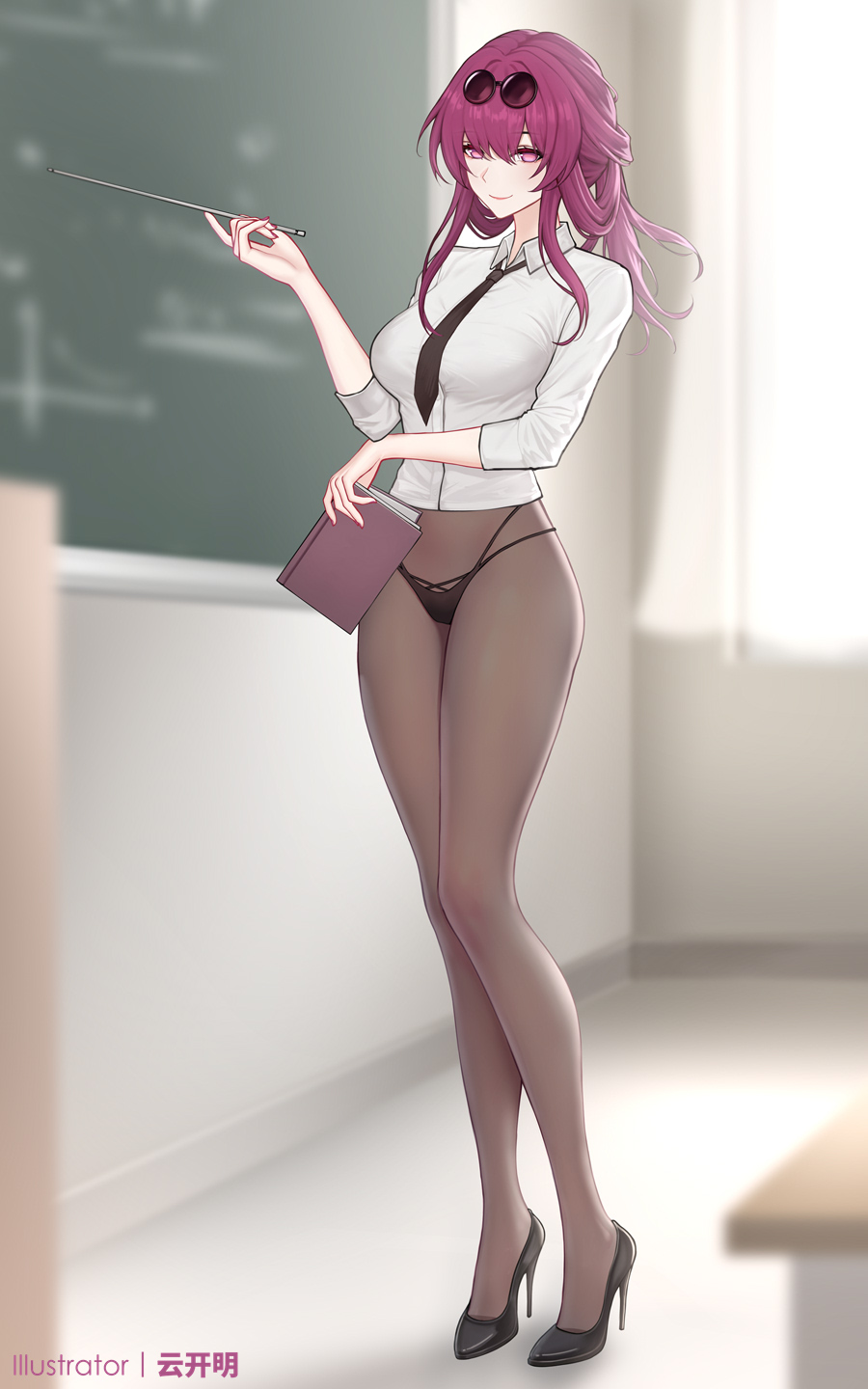 1girl alternate_costume artist_name black_necktie black_panties black_pantyhose black_shoes blurry blurry_background book breasts chalkboard classroom closed_mouth collared_shirt commentary eyewear_on_head full_body glasses hashtag-only_commentary high_heels highres holding holding_book holding_pointer honkai:_star_rail honkai_(series) indoors kafka_(honkai:_star_rail) large_breasts long_hair looking_at_viewer nail_polish necktie no_pants no_pupils paid_reward_available panties panties_over_pantyhose pantyhose pince-nez pointer pumps purple_eyes purple_hair purple_nails round_eyewear shirt shirt_tucked_in shoes smile solo standing sunglasses teacher underwear white_shirt yunkaiming