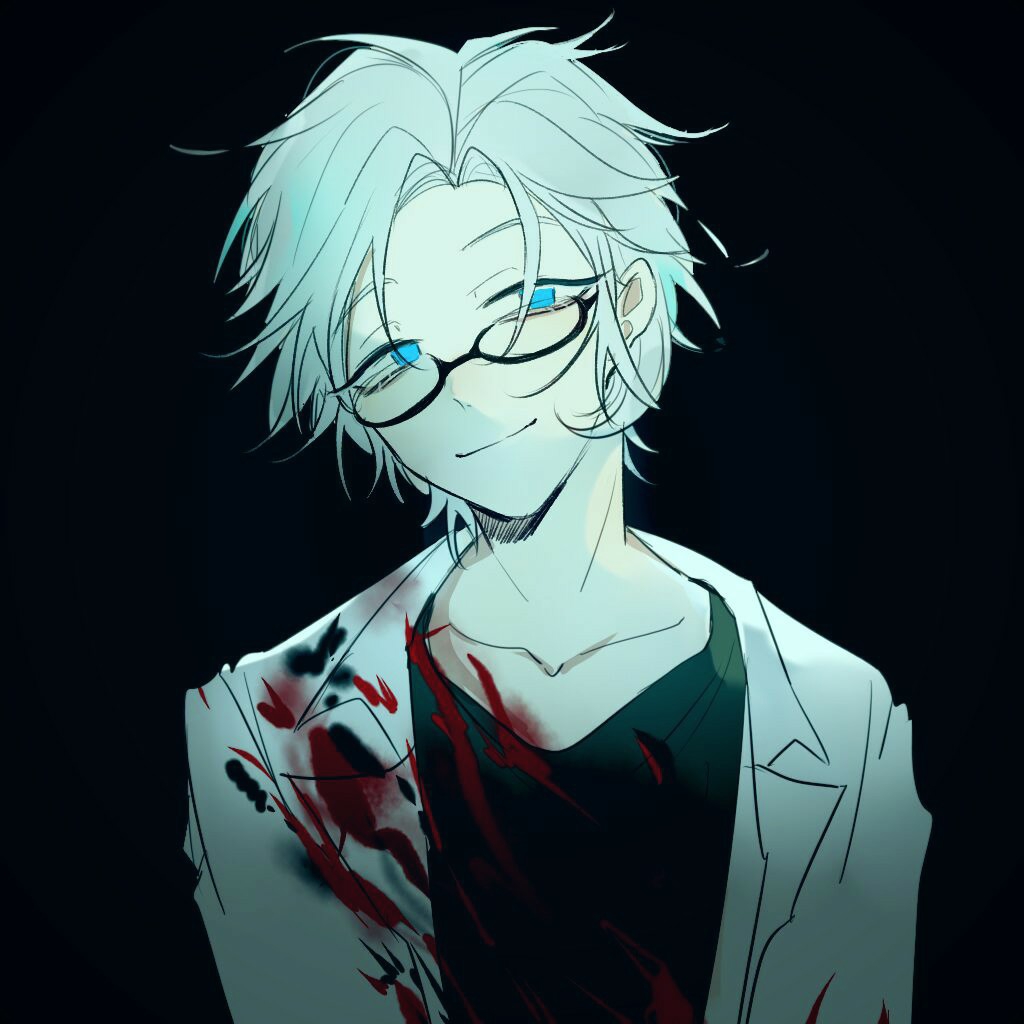1boy black_background blood blood_on_clothes blue_eyes closed_mouth coat glasses green_shirt kanou_aogu lab_coat lemijiang male_focus open_clothes open_coat saibou_shinkyoku shirt short_hair simple_background smile solo upper_body white_coat white_hair