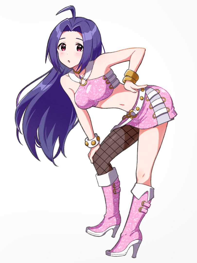 1girl ahoge asymmetrical_clothes asymmetrical_legwear bare_shoulders belt bent_over blue_hair blush boots bracelet breasts commentary_request cute_&amp;_girly_(idolmaster) fishnet_pantyhose fishnets full_body hand_on_own_hip hand_on_own_knee high_heel_boots high_heels idolmaster idolmaster_(classic) jewelry long_hair looking_at_viewer luxury_(idolmaster) midriff miura_azusa mogukichi_aka navel pantyhose parted_lips pink_boots pink_diamond_765_(idolmaster) pink_skirt pink_tube_top red_eyes simple_background single_leg_pantyhose skirt sleeveless solo standing strapless tube_top white_background