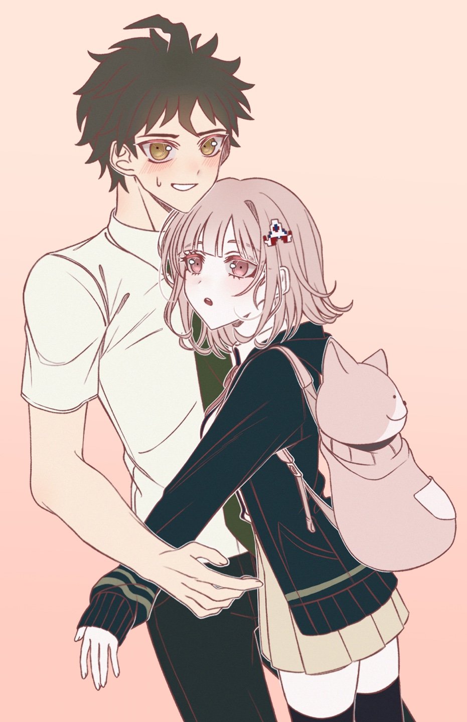 1boy 1girl :o ahoge animal_bag black_jacket black_thighhighs brown_eyes brown_hair brown_skirt cat_bag cowboy_shot danganronpa_(series) danganronpa_2:_goodbye_despair flipped_hair from_side green_necktie grin highres hinata_hajime hug jacket jjigjjikk medium_hair nanami_chiaki necktie open_clothes open_jacket pink_bag pink_eyes pleated_skirt shirt short_hair short_sleeves simple_background skirt smile teeth thighhighs white_shirt