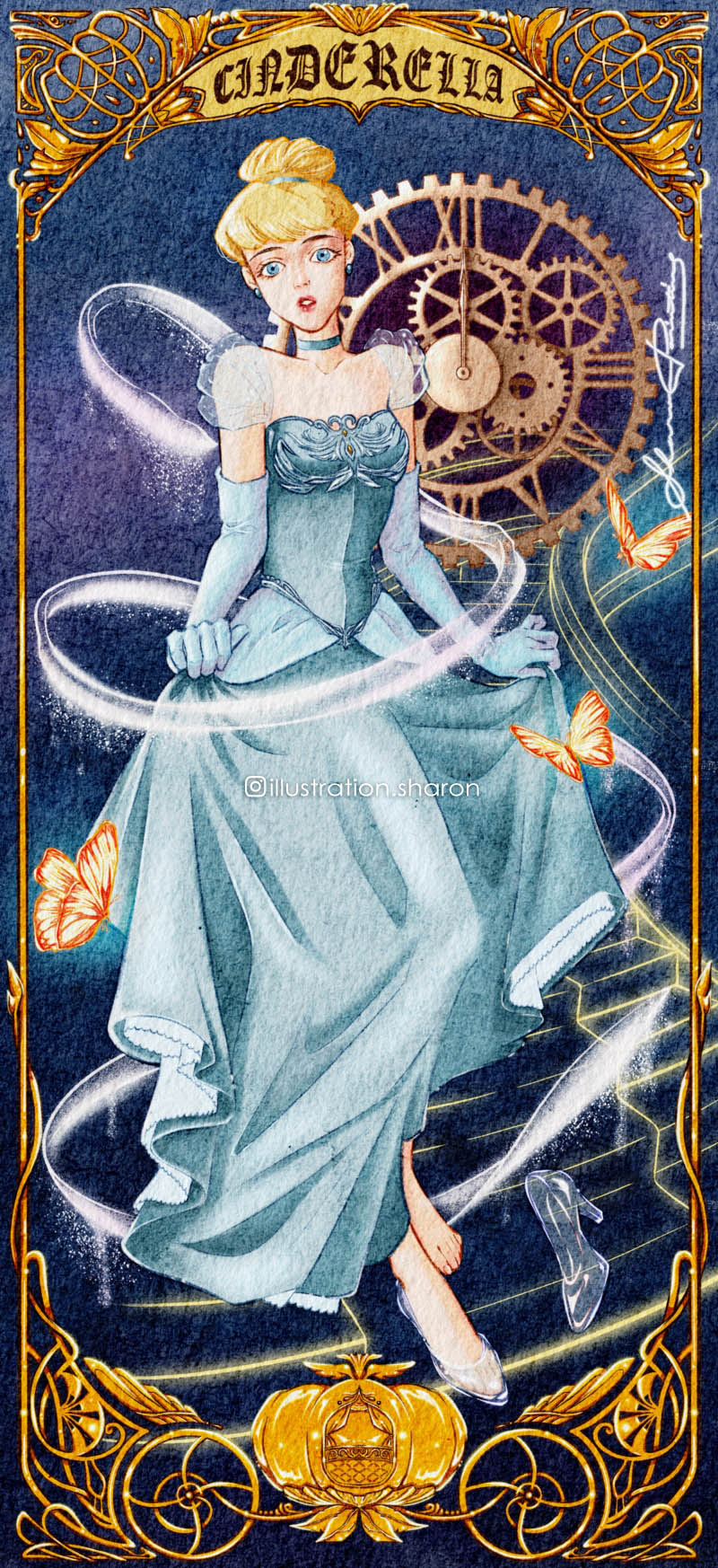 1girl art_nouveau blonde_hair blue_dress blue_eyes choker cinderella_(disney_character) cinderella_(disney_movie) disney dress elbow_gloves full_body glass_slipper gloves hair_bun hairband highres illustration_sharon jewelry looking_at_viewer short_hair solo