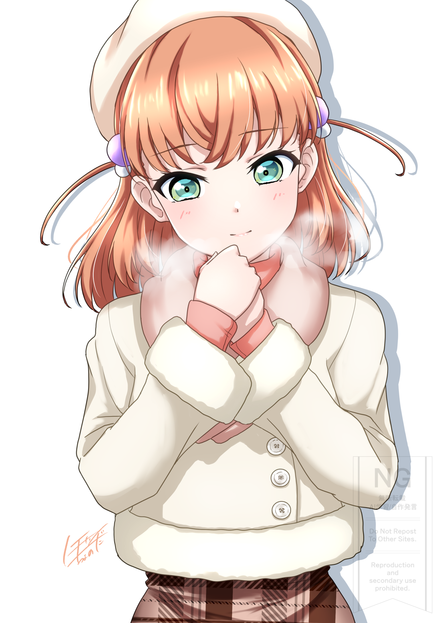 1girl aqua_eyes breath brown_skirt closed_mouth commentary_request drop_shadow fur-trimmed_jacket fur_trim hair_bobbles hair_ornament hat highres hinoshita_kaho hinoshita_kaho_(winter_casual) jacket light_blush link!_like!_love_live! long_sleeves looking_at_viewer love_live! noochan_chonoda official_alternate_costume orange_hair pink_sweater plaid_clothes plaid_skirt signature simple_background skirt sleeves_past_wrists smile solo split_mouth sweater two_side_up virtual_youtuber watermark white_background white_hat white_jacket