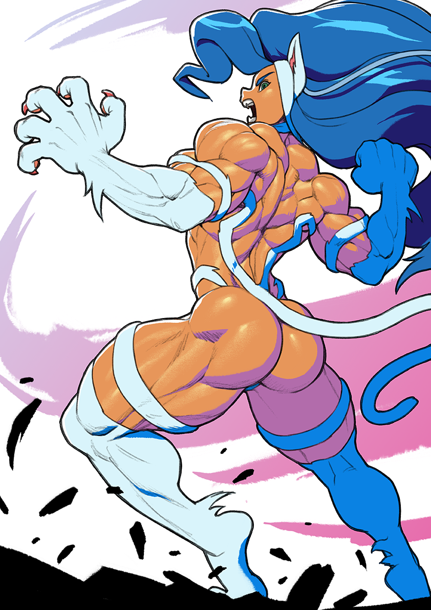 1girl abs animal_ears animal_hands ass back back_muscles big_hair blue_hair body_fur cat_ears cat_girl cat_paws cat_tail claws clenched_hand darkstalkers fangs felicia_(darkstalkers) green_eyes long_hair muscular muscular_arms muscular_back muscular_female muscular_legs open_mouth pokkuti profile simple_background solo tail thick_thighs thighs white_fur
