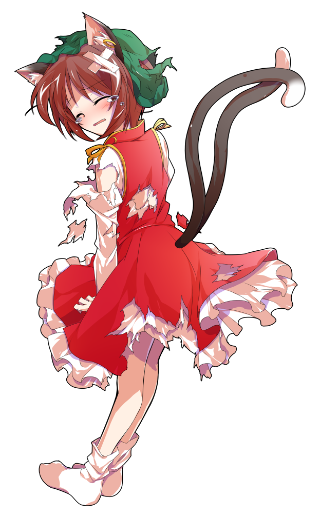 1girl alphes_(style) animal_ears back blush bobby_socks brown_hair cat_ears cat_girl cat_tail chen closed_eyes commentary_request crying dairi defeat earrings full_body gold_trim green_hat hair_between_eyes hat jewelry large_variant_set long_sleeves mob_cap nekomata no_shoes open_mouth parody red_skirt red_vest shirt short_hair single_earring skirt skirt_set socks solo style_parody tachi-e tail tail_raised tears torn_clothes touhou transparent_background variant_set vest white_petticoat white_shirt white_socks