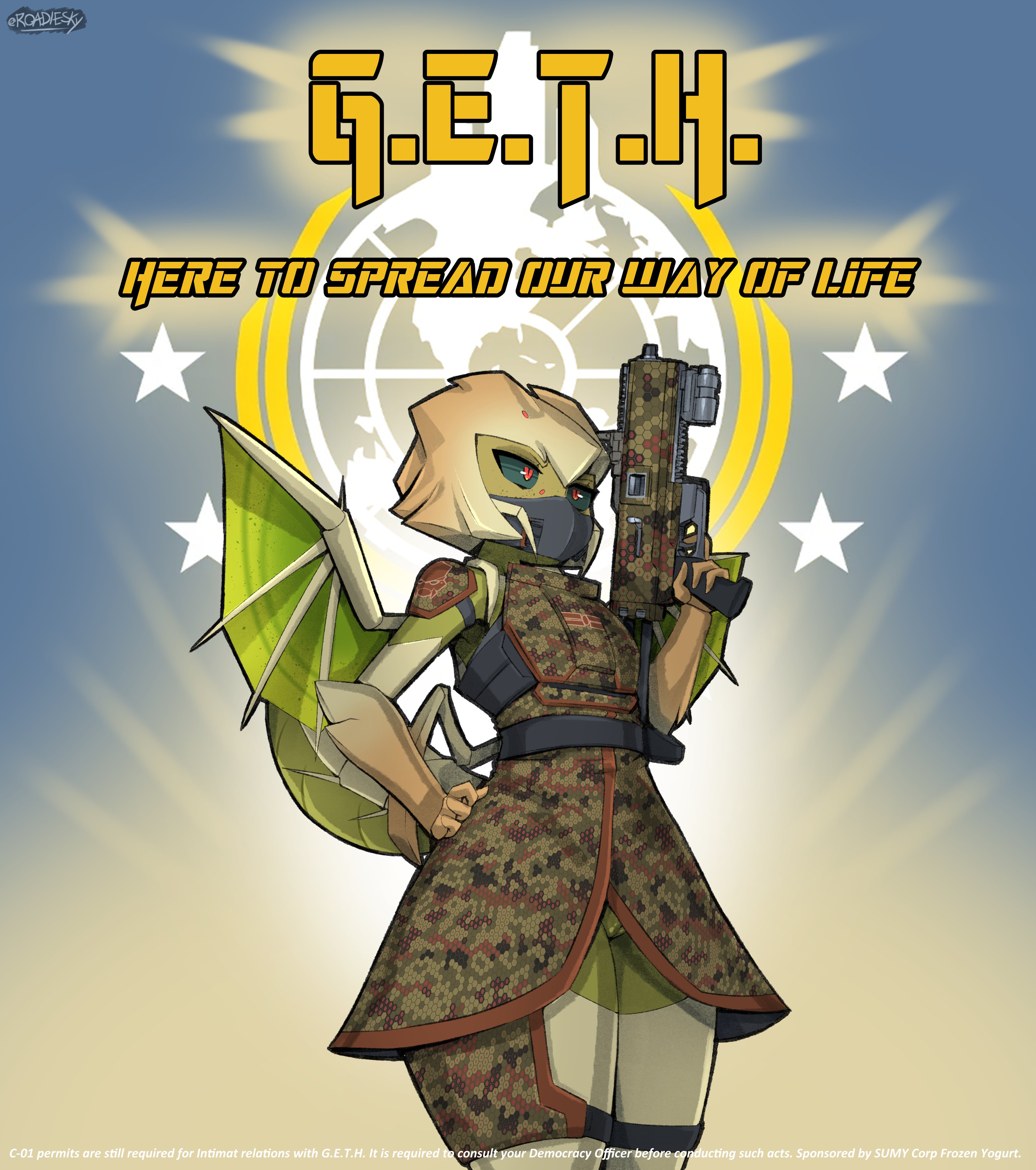 1girl abdomen_tail absurdres alien arthropod_girl black_sclera c-01_permit_(helldivers) camouflage camouflage_dress carapace colored_sclera colored_skin commentary dress english_commentary english_text finger_on_trigger flat_chest freckles green_skin green_wings grey_hair gun hand_on_own_hip helldivers_(series) highres holding holding_gun holding_weapon hunter_(helldivers) insect_wings leg_armor mask military_uniform monster_girl mouth_mask no_panties personification propaganda pussy pussy_peek red_eyes roadiesky short_hair shoulder_pads single_leg_armor sleeveless sleeveless_dress slit_pupils solo submachine_gun terminid_(helldivers) thick_thighs thighs uncensored vest_pouch weapon wide_hips wings
