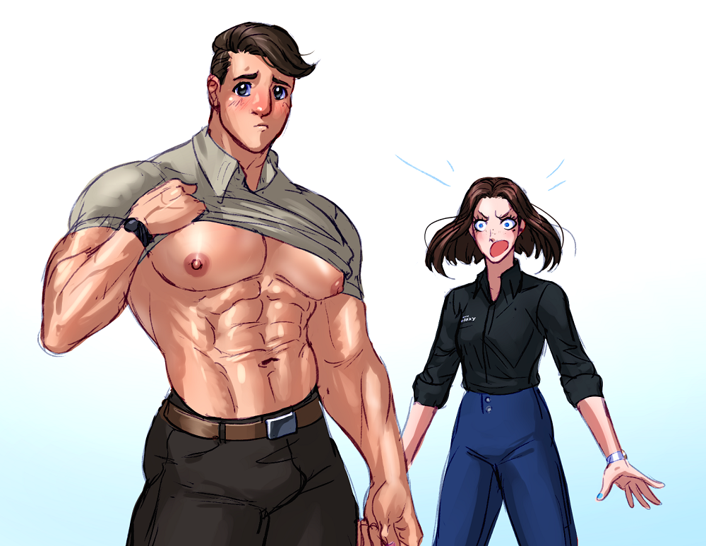 1boy 1girl abs bara bare_pectorals belt black_shirt blue_eyes blue_pants blush brown_belt brown_pants carless_(ppanic) closed_mouth clothes_lift collared_shirt grey_shirt large_pectorals looking_at_another looking_at_viewer muscular muscular_male navel nipples open_mouth pants pectorals samsung samsung_sam shirt shirt_lift watch wristwatch