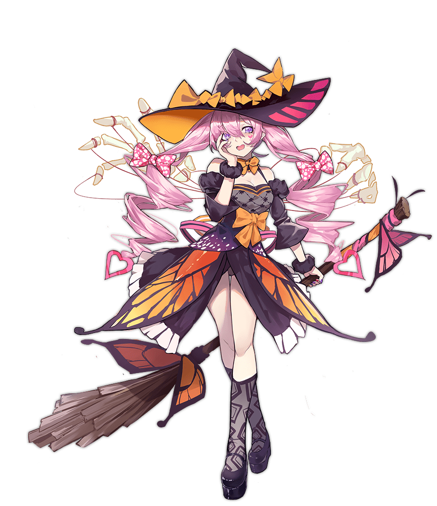 1girl :d animal_print ark_order black_dress black_shoes black_socks bow bowtie breasts broom butterfly_print detached_sleeves dress drill_hair facial_tattoo full_body hand_on_own_face hat hat_bow heart heart_tattoo holding holding_broom juliet_sleeves kzhu lich_(ark_order) long_hair long_sleeves mary_janes medium_breasts multicolored_nails nail_polish official_art open_mouth pink_hair platform_shoes puffy_sleeves purple_eyes purple_nails shoes sidelocks skeletal_hand smile socks solo tachi-e tattoo transparent_background twin_drills very_long_hair walking wide_sleeves witch_hat wrist_cuffs yellow_bow yellow_bowtie