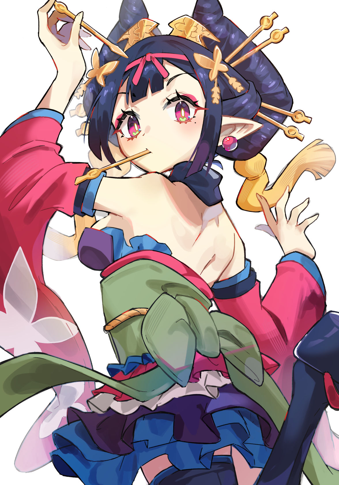 1girl bare_shoulders black_hair datehyogo demon detached_sleeves disgaea earrings geisha hair_ornament headdress highres japanese_clothes jewelry kanzashi leobearboy long_sleeves looking_at_viewer maiko_(disgaea) makai_senki_disgaea_7 mole mole_under_eye mouth_hold nihongami pink_sleeves pointy_ears simple_background solo sphere_earrings white_background